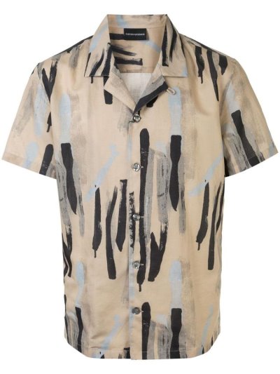 Beige Men's Armani Emporio Abstract Print Shirts | 74DQNFX