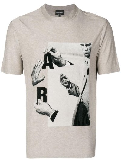 Beige Men's Giorgio Armani Graphic Print T Shirts | E9EIH0M