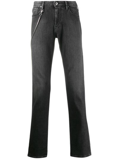 Black Men's Armani Emporio Chain Detail Straight Leg Jeans | C09SY64