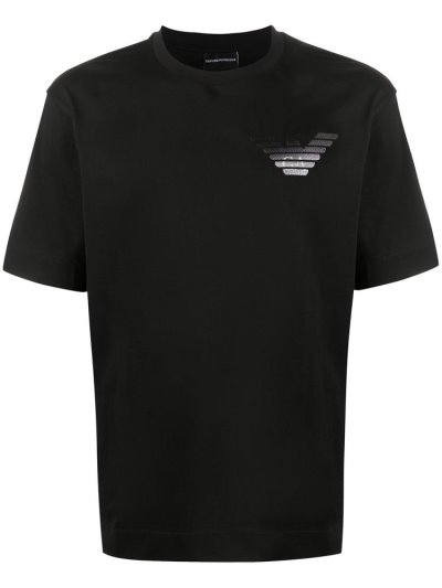 Black Men's Armani Emporio Embroidered Logo T Shirts | B3PQVGG