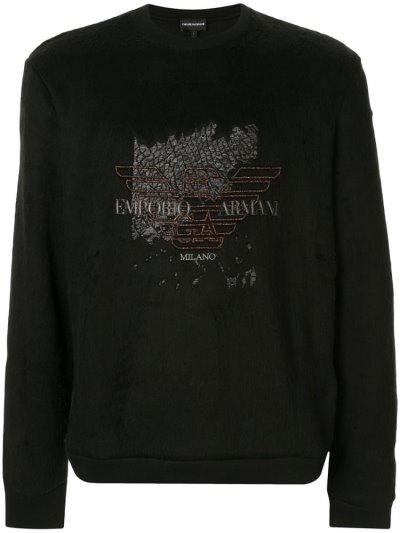 Black Men's Armani Emporio Embroidered Eagle Logo Sweatshirts | WFM6EXB