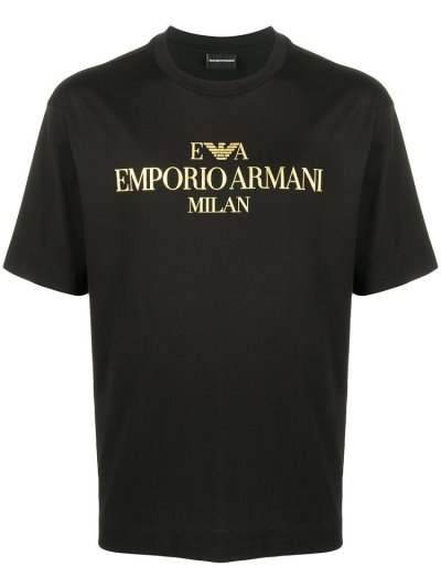 Black Men's Armani Emporio Gold Tone Printed T Shirts | EYQX7HT