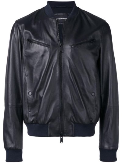 Black Men's Armani Emporio Leather Look Bomber Jacket | NCL34IE