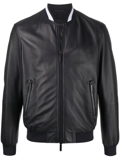 Black Men's Armani Emporio Leather Bomber Jacket | PG82AID