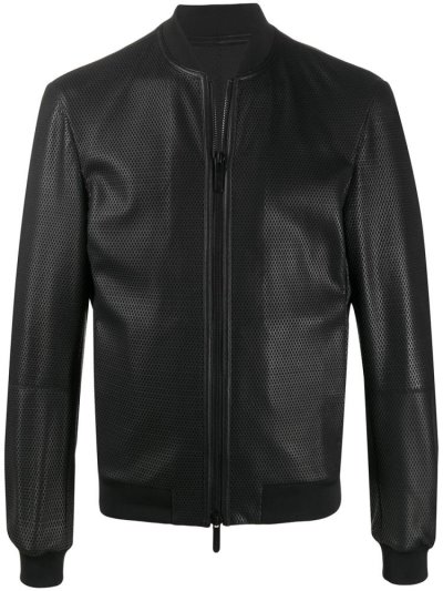 Black Men's Armani Emporio Leather Bomber Jacket | YT7DVR6