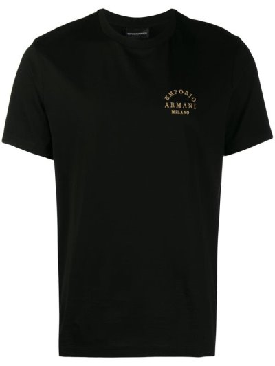 Black Men's Armani Emporio Logo Embroidered T Shirts | UEASLM4