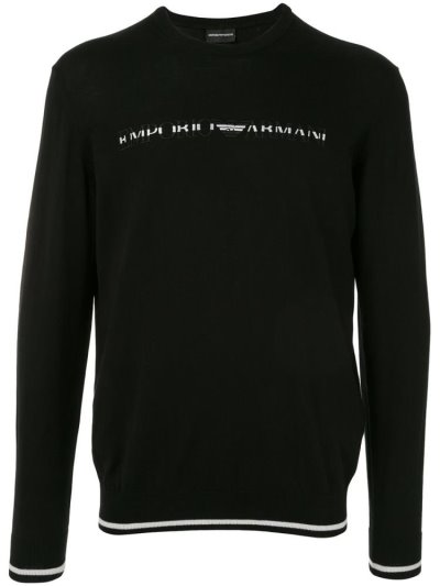 Black Men's Armani Emporio Logo Intarsia Jumpers | OSEA7V9