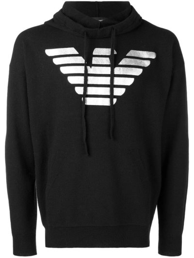 Black Men's Armani Emporio Logo Print Hoodie | 3C2I3Z5