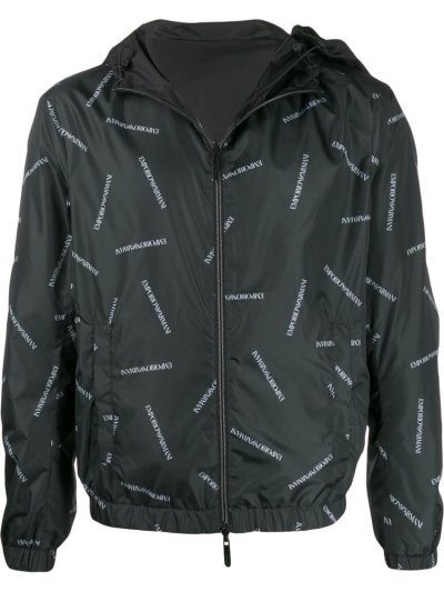 Black Men's Armani Emporio Logo Print Hooded Jackets | EBIEL9H