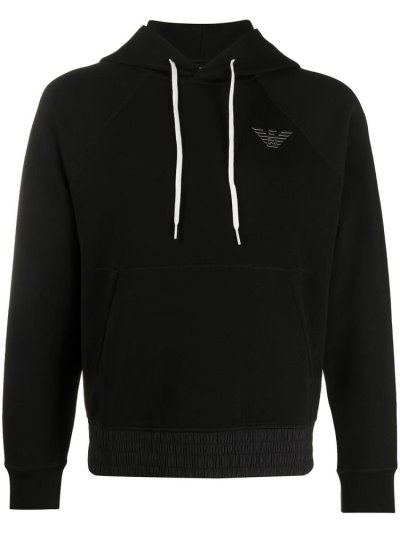 Black Men's Armani Emporio Logo Patch Hoodie | M7BT4HY