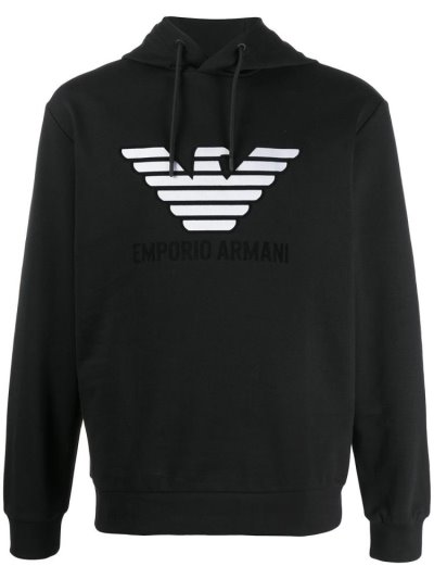 Black Men's Armani Emporio Logo Print Hoodie | SJHMOR2