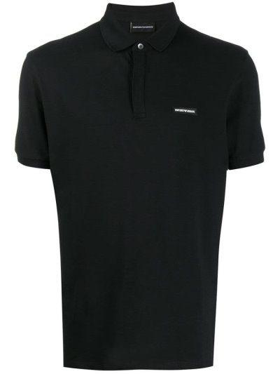 Black Men's Armani Emporio Patch Detail Polo Shirts | VQCAZFJ