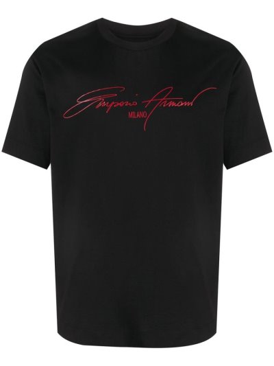 Black Men's Armani Emporio Signature Logo Print T Shirts | AOECECF