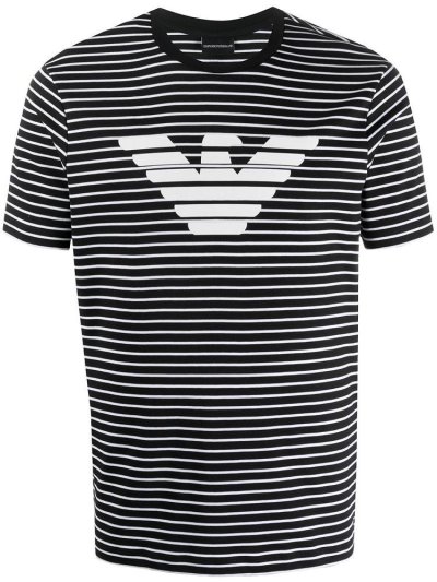 Black Men's Armani Emporio Striped Logo Print T Shirts | WX13BOH