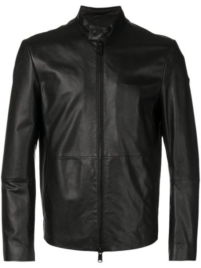 Black Men's Armani Emporio Zipped Leather Jackets | BRQX4QQ