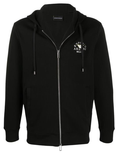 Black Men's Armani Emporio Zipped Front Logo Hoodie | Y1GX6FY