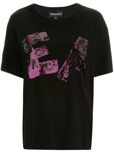 Black / Purple Women's Armani Emporio Sequinned Logo Boxy T Shirts | DKSLT9Y