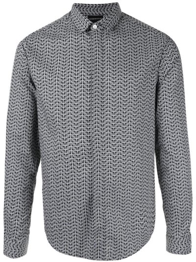 Black / White Men's Armani Emporio Long Sleeve Logo Print Shirts | U9EVLBF