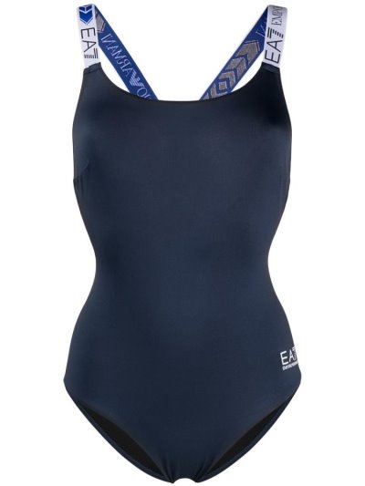 Black Women's Ea7 Emporio Armani Logo Strap One Piece Swimsuits | EMN31VL