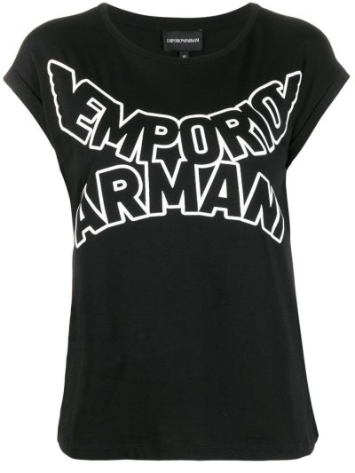 Black Women's Armani Emporio Enlarged Logo Print T Shirts | FAOMW0Z