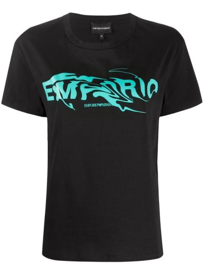 Black Women's Armani Emporio Fluid Logo Print T Shirts | QXFMVYB