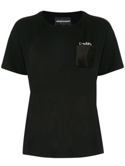 Black Women's Armani Emporio Glitter Pocket T Shirts | TW6DLE7