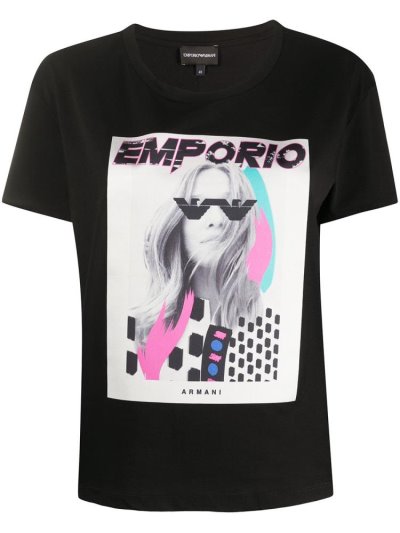 Black Women's Armani Emporio Logo Print T Shirts | AQJ2Y9F