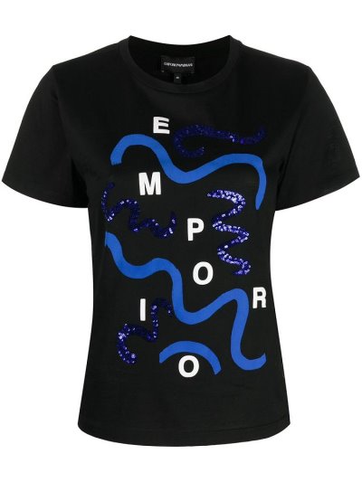 Black Women's Armani Emporio Wave Logo Print T Shirts | P5HVMWG