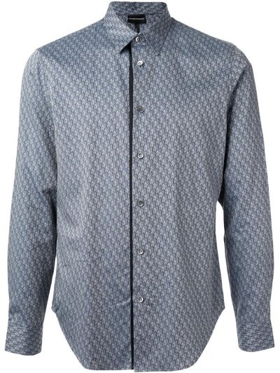 Blue / Grey Men's Armani Emporio Long Sleeve All Over Print Shirts | ENJ8VFI