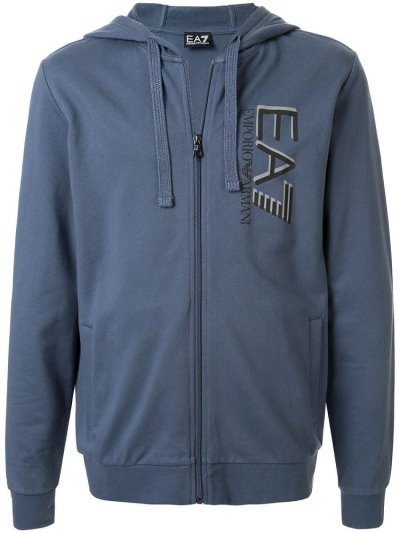 Blue Men's Ea7 Emporio Ea7 Vertical Logo Zip Through Hoodie | XEP9EGN