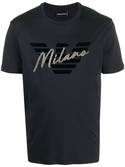 Blue Men's Armani Emporio Bead Embellished Logo T Shirts | CWLUJIU