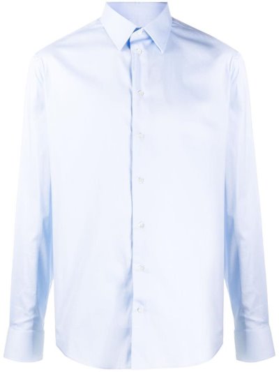 Blue Men's Armani Emporio Curved Hem Long Sleeve Shirts | EM6Z49P