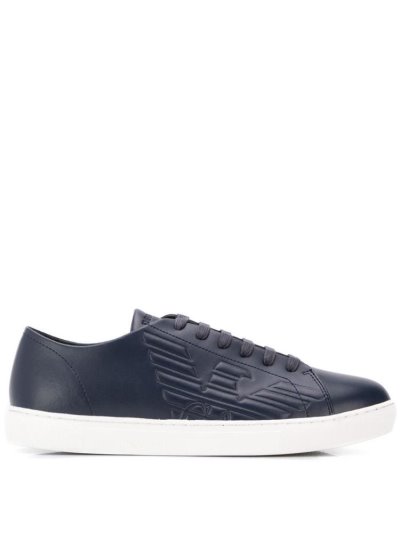 Blue Men's Armani Emporio Embossed Logo Sneakers | TSHAXY8