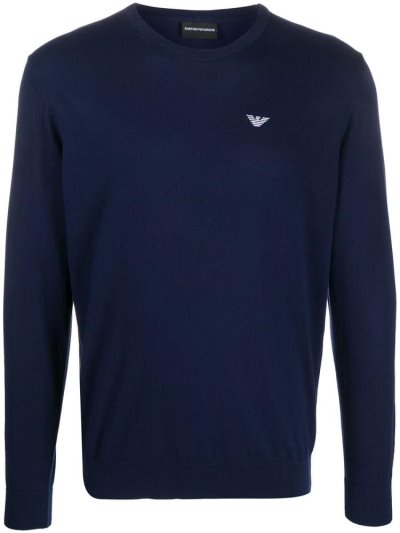 Blue Men's Armani Emporio Embroidered Logo Jumpers | IR2D9H3