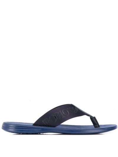 Blue Men's Armani Emporio Logo Bands Flip Flops | YU9D8MM