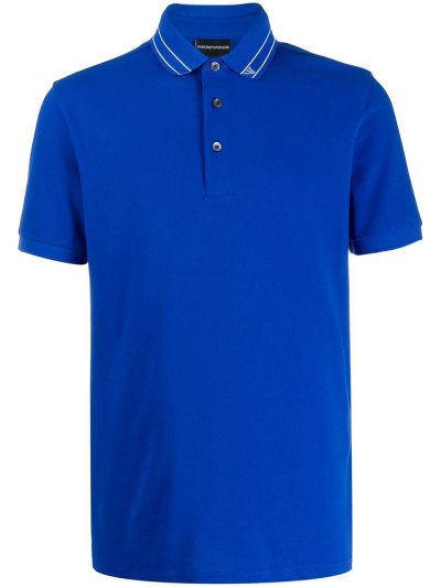 Blue Men's Armani Emporio Logo Collar Polo Shirts | QJW369X