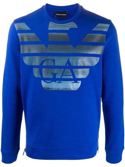 Blue Men's Armani Emporio Logo Crew Neck Sweatshirts | 1OD4OFS