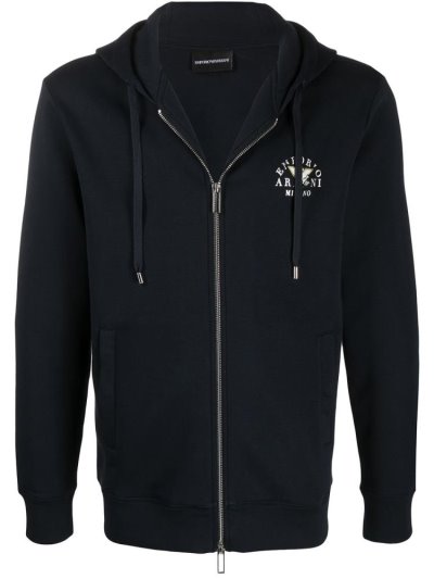 Blue Men's Armani Emporio Logo Drawstring Zipped Hoodie | H4WMUDU