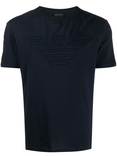 Blue Men's Armani Emporio Logo Embroidered T Shirts | JKXMWZJ