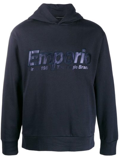 Blue Men's Armani Emporio Logo Embroidered Hoodie | Y9QXJ0A