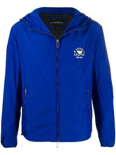 Blue Men's Armani Emporio Logo Hooded Jackets | D355RBY