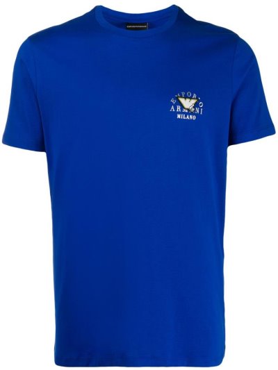 Blue Men's Armani Emporio Logo Patch Crew Neck T Shirts | FL3QMYW