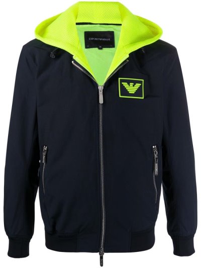 Blue Men's Armani Emporio Logo Patch Hooded Jackets | V8K100N