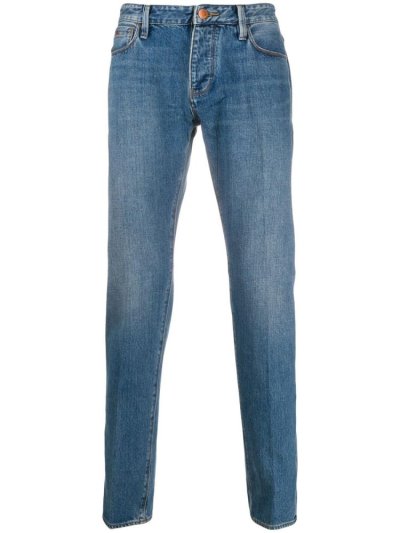 Blue Men's Armani Emporio Logo Plaque Mid Rise Straight Leg Jeans | PF4XCRD