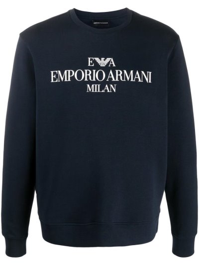 Blue Men's Armani Emporio Logo Print Crew Neck Sweatshirts | JQ79T9Z