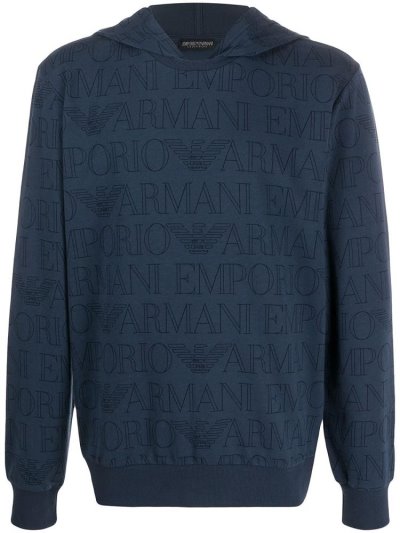 Blue Men's Armani Emporio Logo Print Hoodie | SZSD6C8