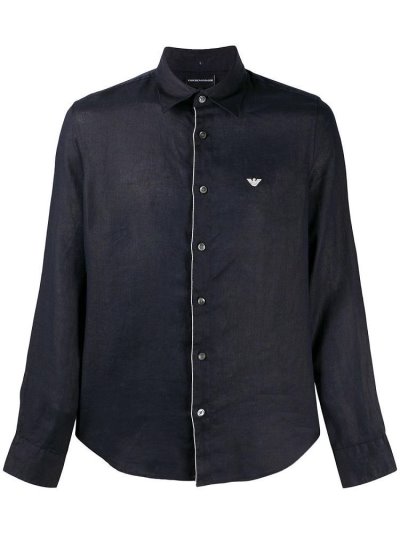 Blue Men's Armani Emporio Long Sleeve Linen Shirts | WN17198