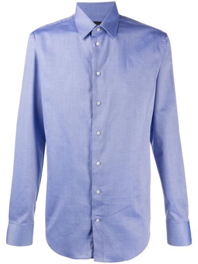 Blue Men's Armani Emporio Long Sleeve Fitted Shirts | XSURIFP