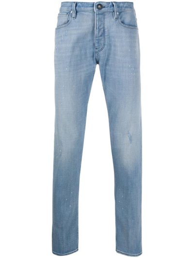 Blue Men's Armani Emporio Mid Rise Straight Leg Distressed Jeans | UDZU810