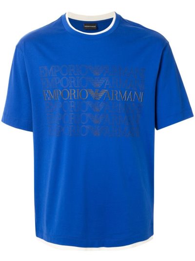 Blue Men's Armani Emporio Multi Logo Print T Shirts | 1DFBQK7